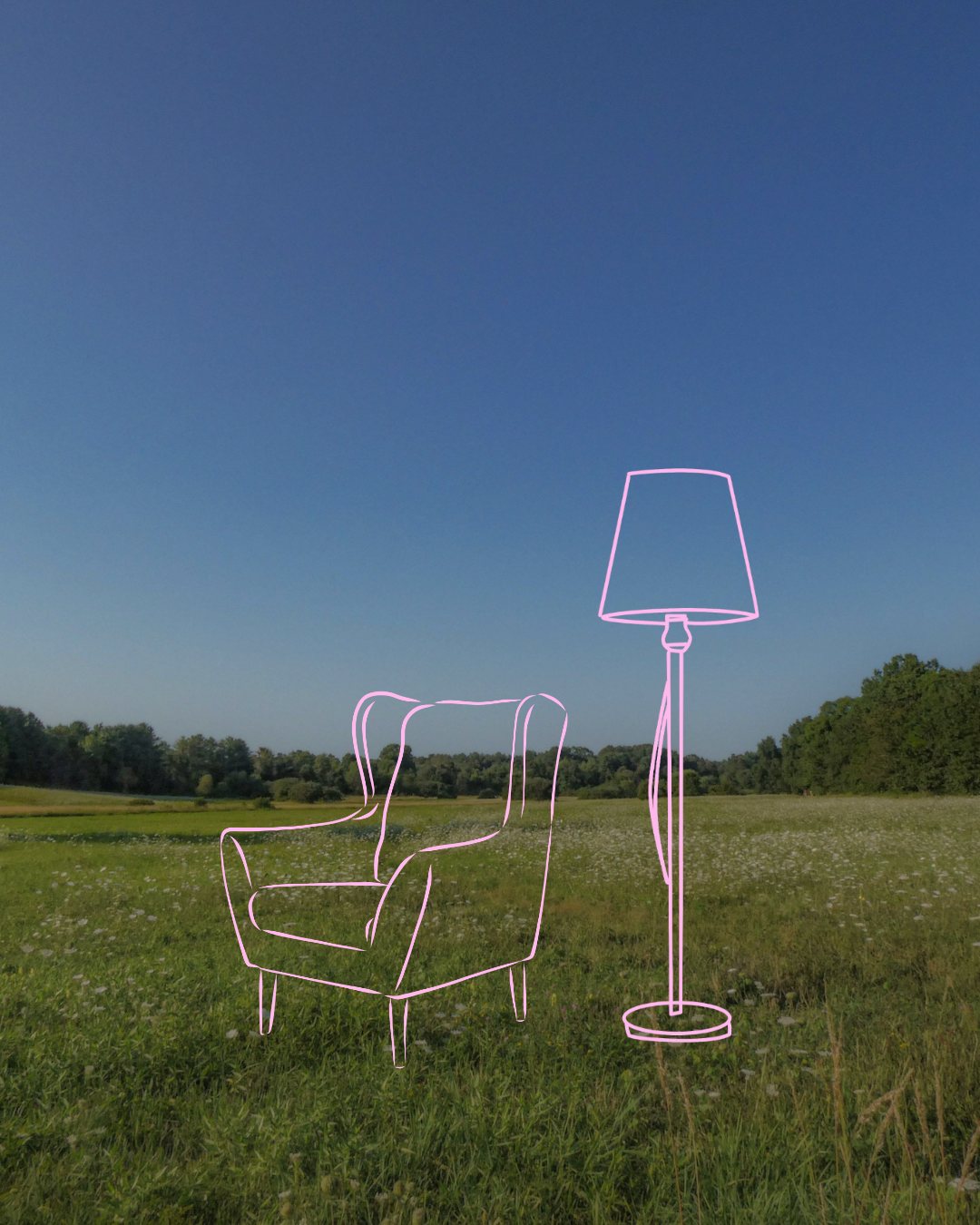 An outline of an armchair and a lamp standing in an open field